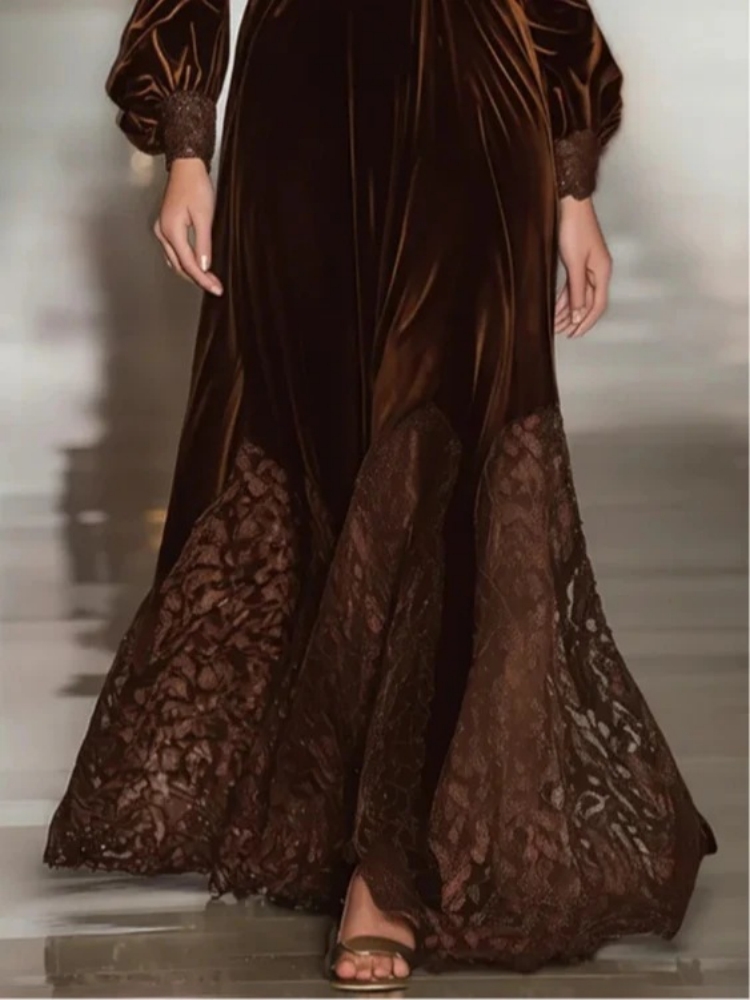 Robe longue en velours pour femmes, élégante, Vintage, couleur unie, col roulé, ourlet en dentelle, taille haute, ligne a, robes de soirée, printemps automne