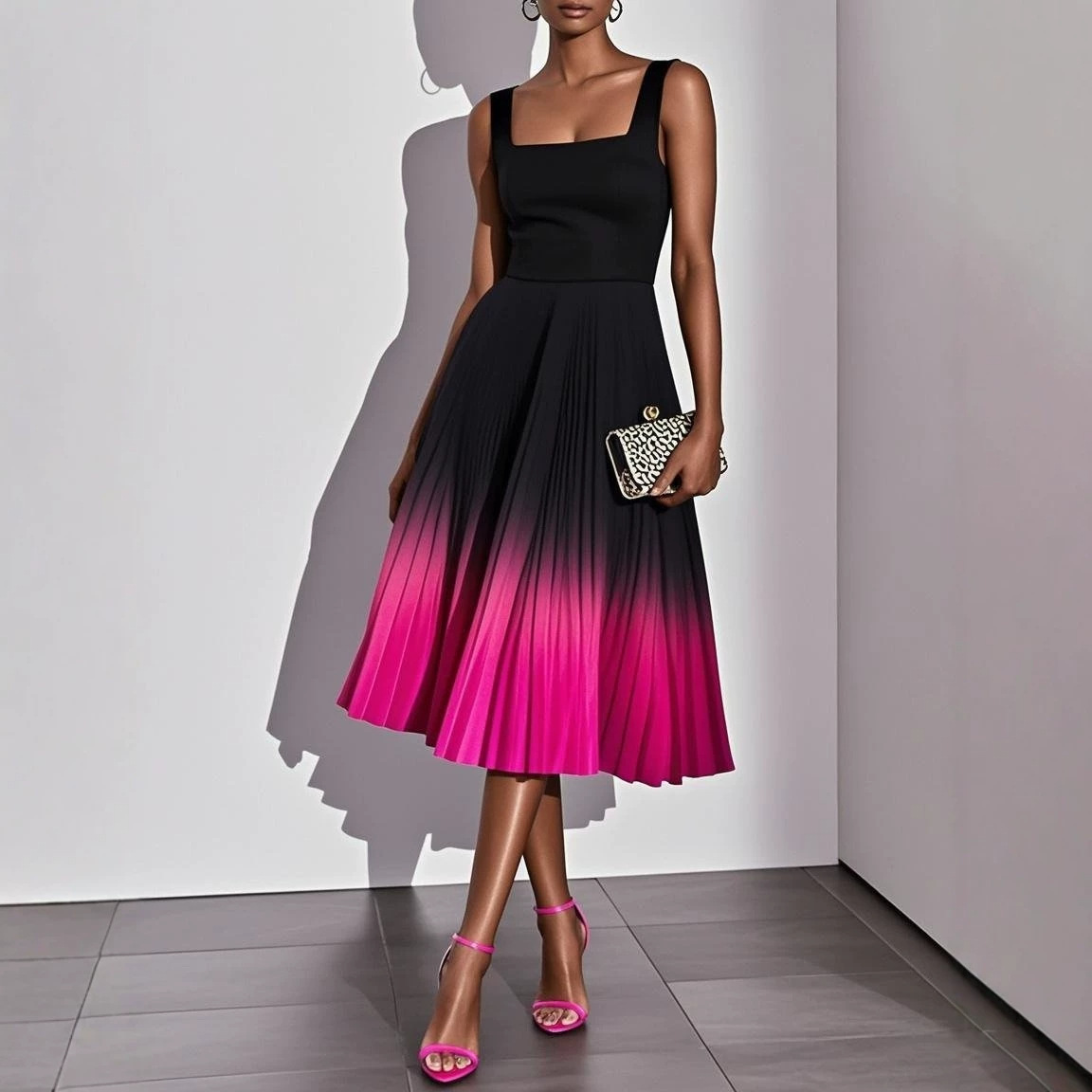 Robe midi plissée ombrée sans manches à col carré pour femme, taille haute, coupe trapèze, idéale pour les soirées