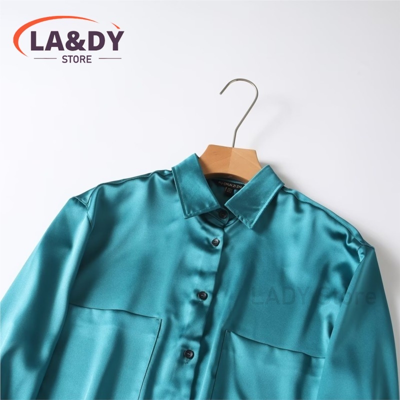 Ensemble chemise boutonnée élégante en satin et jupe midi pour femme, tenue deux pièces à manches longues pour le bureau ou les soirées