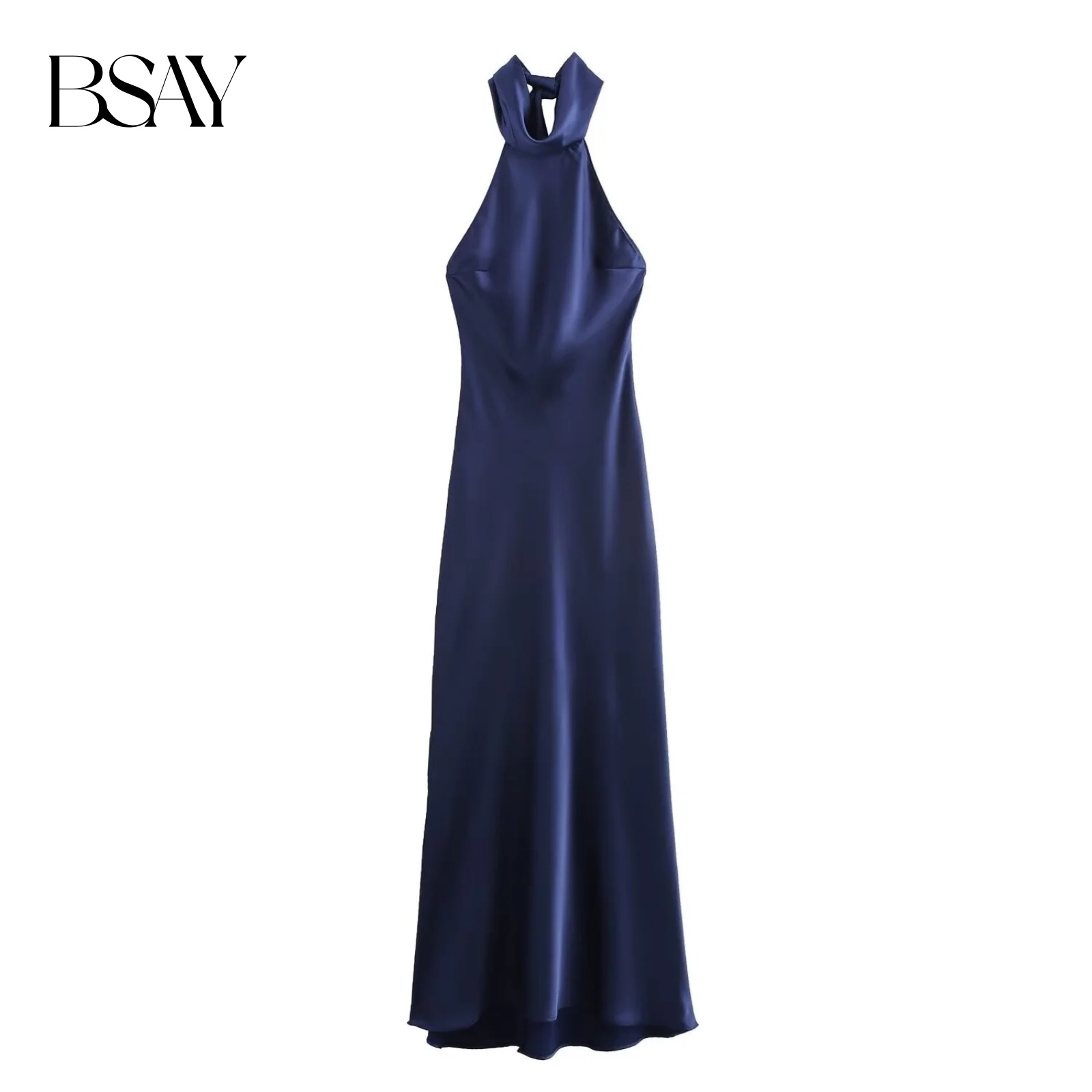 BSAY – robe mi-longue pour femmes, mode automne 2023, nouveau nœud, Sexy, dos nu, français, élégant, col licou, Texture Satin, robes mi-longues