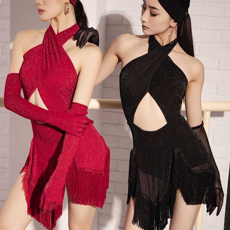 Robe de danse pour femmes, tenue de nuit, Costume de scène de danse rouge, jupe à franges, robe de danse latine pour compétition, Costume Sexy