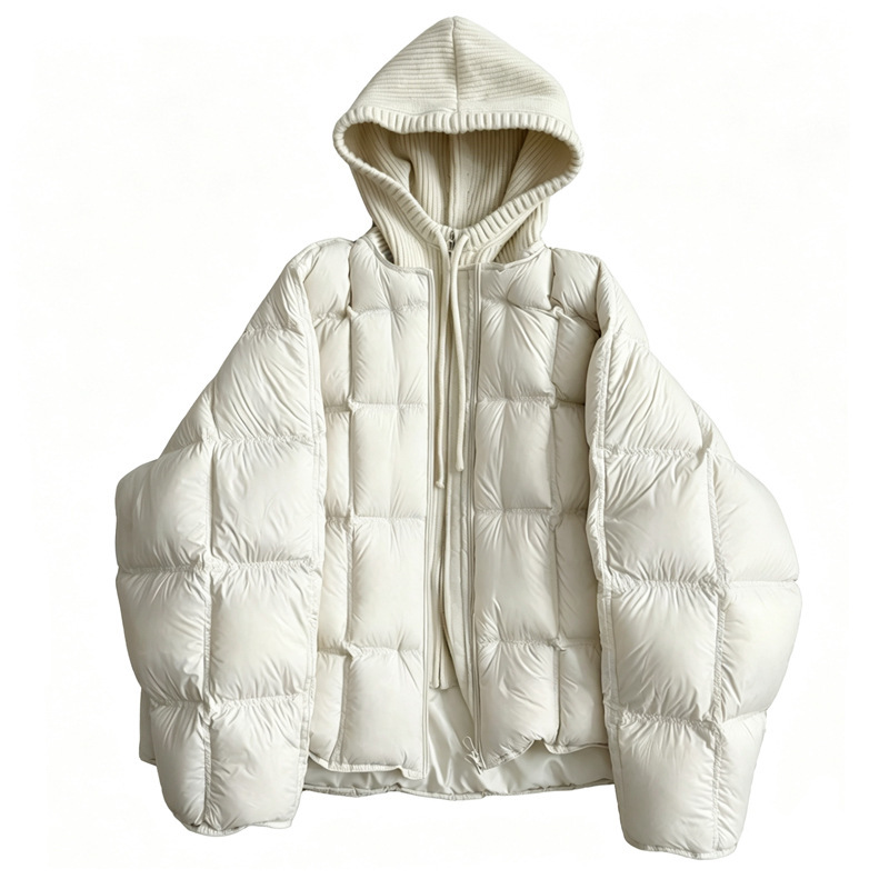 Parka pour femmes, veste matelassée en coton à capuche tricotée, effet deux pièces, coupe ample, chaude et épaisse, manteau d'extérieur pour femme.