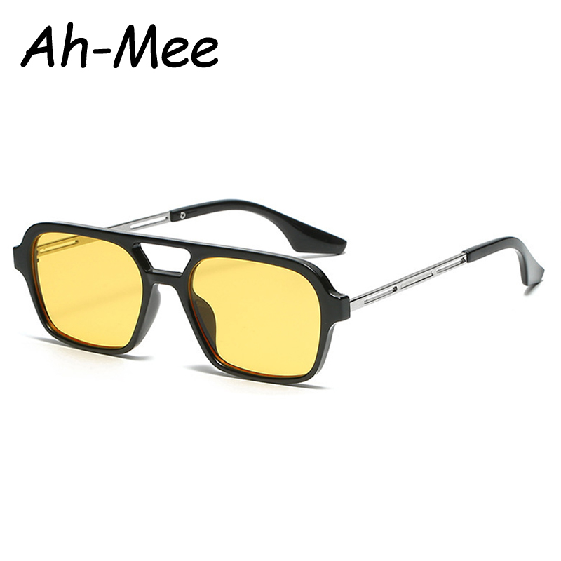Lunettes de soleil carrées Punk pour femmes et hommes, petite monture jaune, rétro, Double faisceau, en métal, UV400