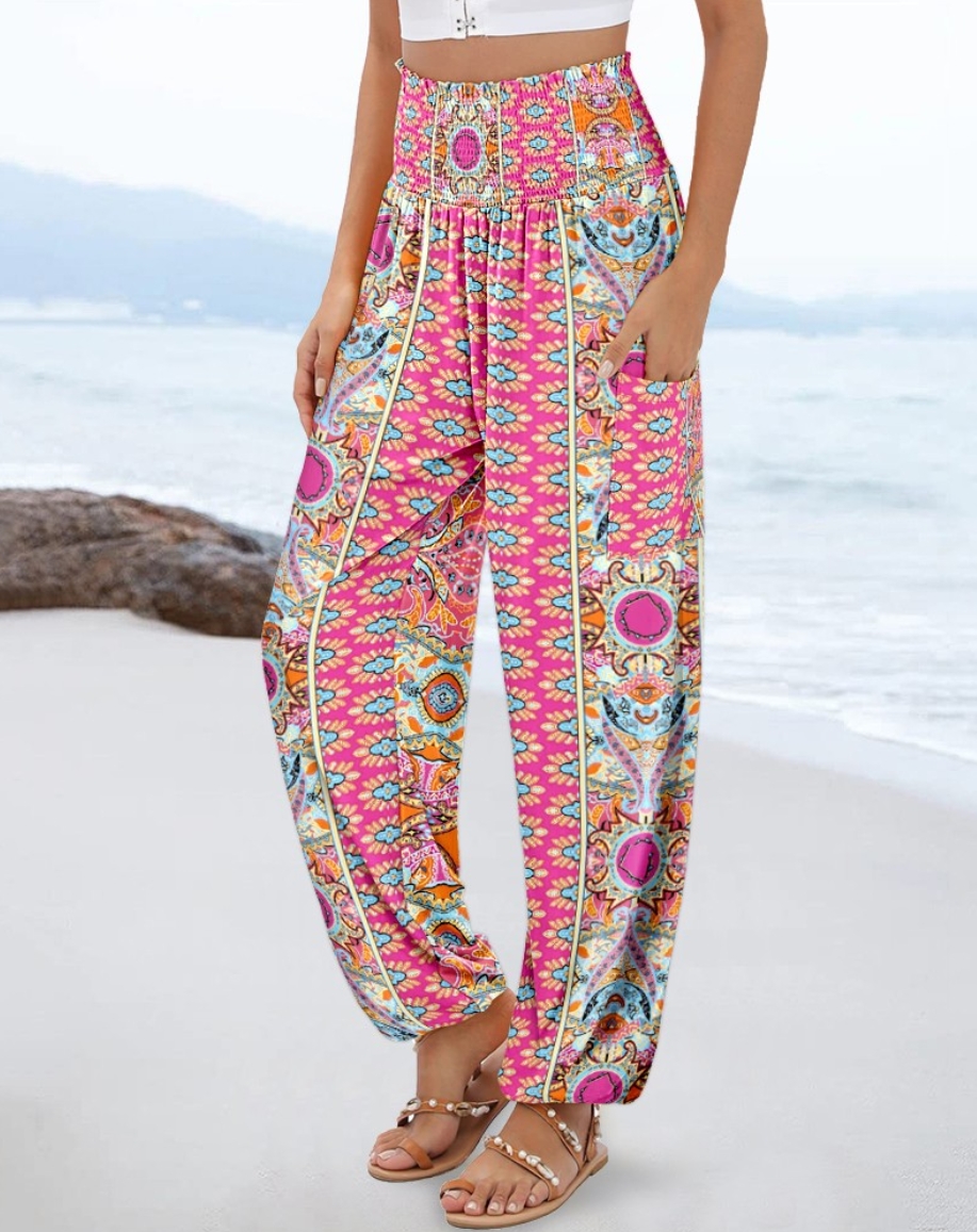 Pantalon Harem Bohème Taille Haute pour Femme avec Imprimé Floral et Géométrique, Poches Latérales et Chevilles Élastiquées – Idéal pour les Vacances à la Plage