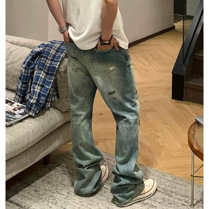 Jean pour homme vintage déchiré et délavé, coupe droite, broderie, style bootcut, bleu