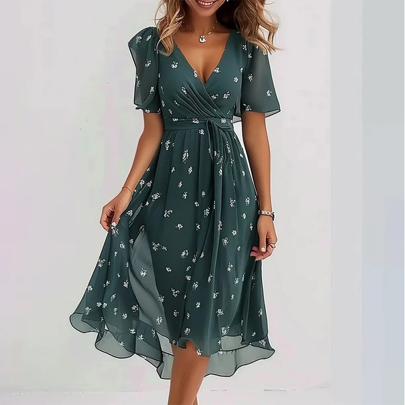 Robe imprimée élégante et tendance pour femme, longueur genou, nouvelle collection 2026, décontractée, ample, col en V, motif floral, robe imprimée femme