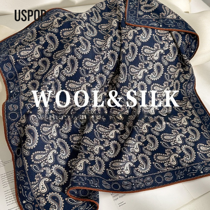 USPOP Écharpe carrée en soie et laine à motifs paisley psychédéliques pour femme – Automne/Hiver Bleu foncé, polyvalente, chaude et élégante