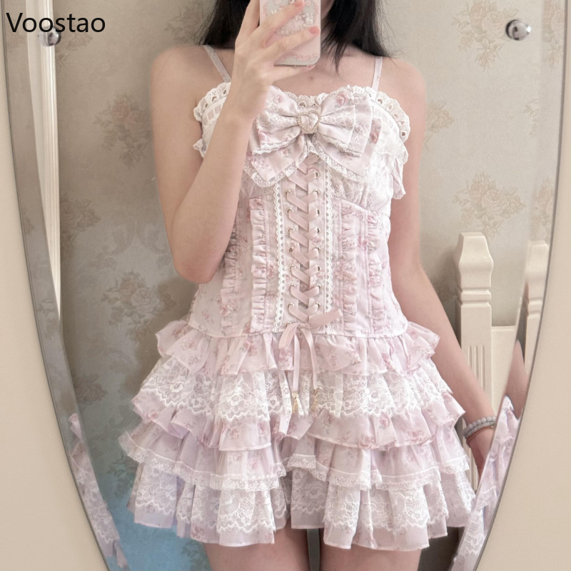 Ensemble 2 pièces Lolita japonaise pour femme, style Kawaii, avec nœud, bandage, dentelle florale, mini-robe et cardigan tricoté, tenues coréennes Y2K pour anniversaire