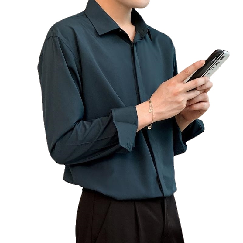 Chemises drapées coréennes pour hommes, revers de document solide, manches longues, glace, boutons décontractés, vêtements pour hommes, nouveau