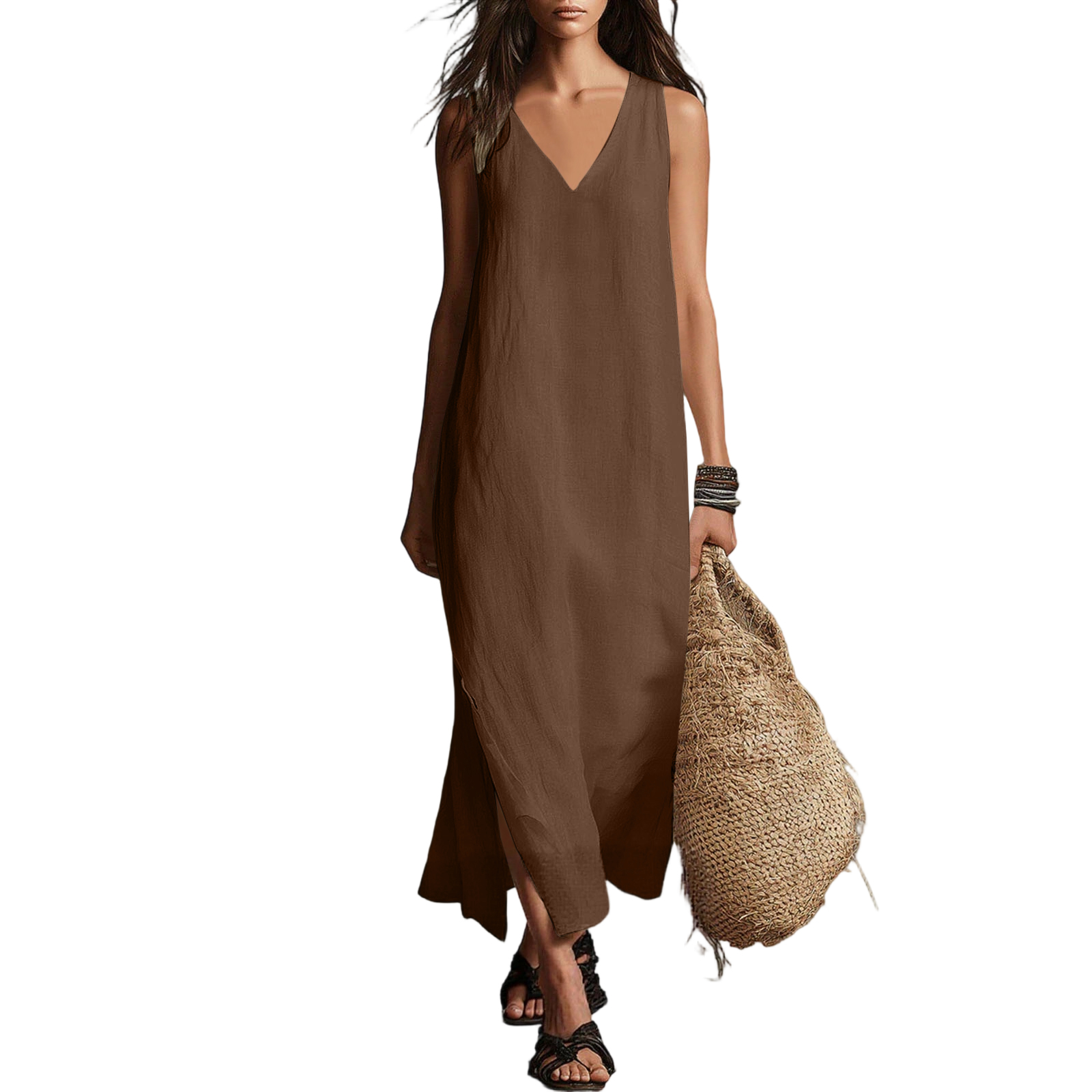 Nouvelle Robe Longue en Coton et Lin pour Femme, Col en V, Sans Manches, Légère, Robe de Plage, Robe Maxi Fendue, Robe Débardeur Unie pour l'Été