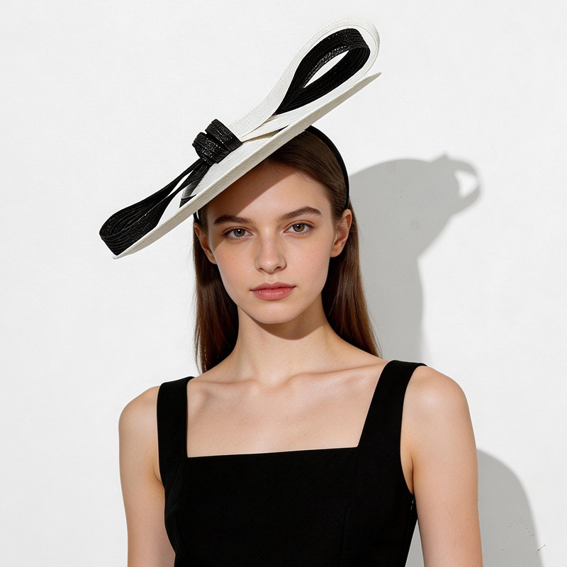 Grand chapeau fascinateur en paille à larges bandes, bandeaux élégants pour femmes, accessoire de tête pour bal de promo, fête, mariage, style français, chapeau de mariage femme