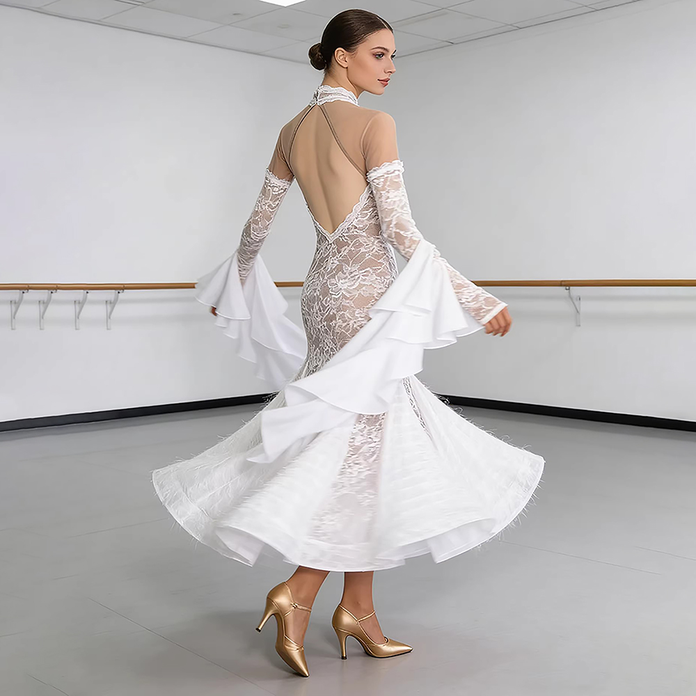 Robe de danse de salon élégante pour femmes, en dentelle blanche, col haut, style sirène, pour la danse de valse, tango moderne, costumes de compétition avec manches à volants