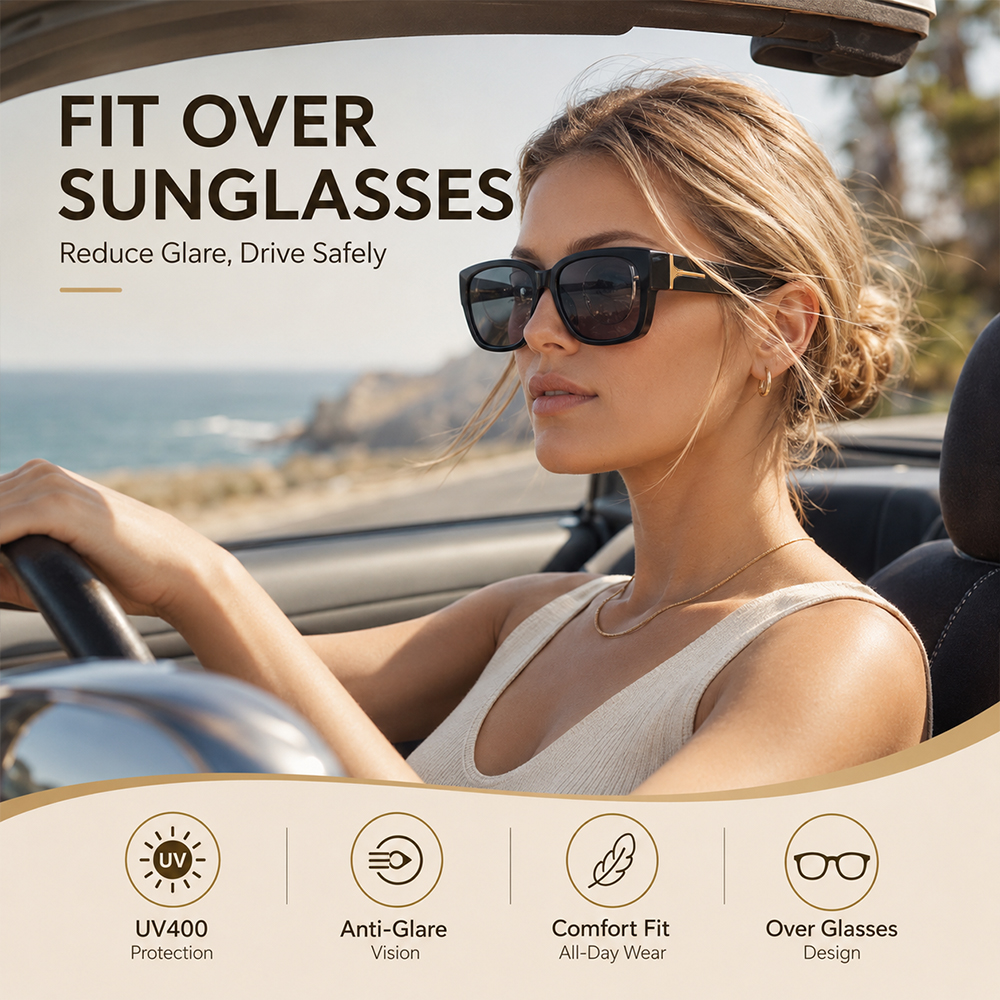Lunettes de soleil polarisées à porter par-dessus des lunettes pour femmes, lunettes de soleil carrées surdimensionnées pour la conduite et les activités de plein air, protection UV400