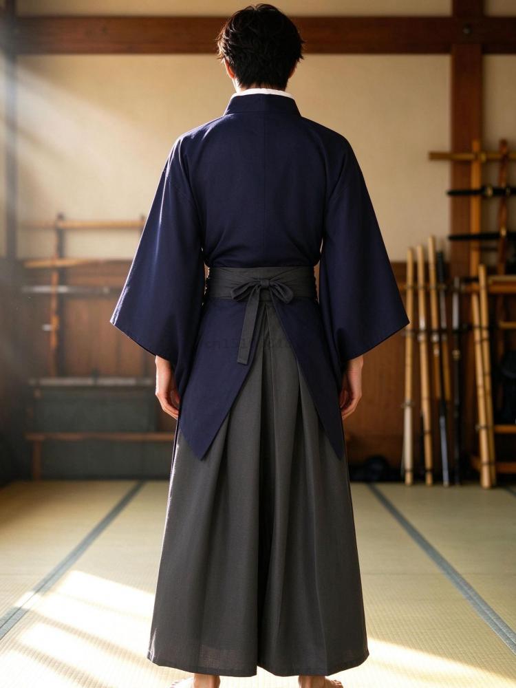 Ensemble kimono japonais pour homme, hakama, samouraï, kendo, col croisé, manches larges, bleu marine, rouge vin, gris, cosplay traditionnel, Halloween, coton