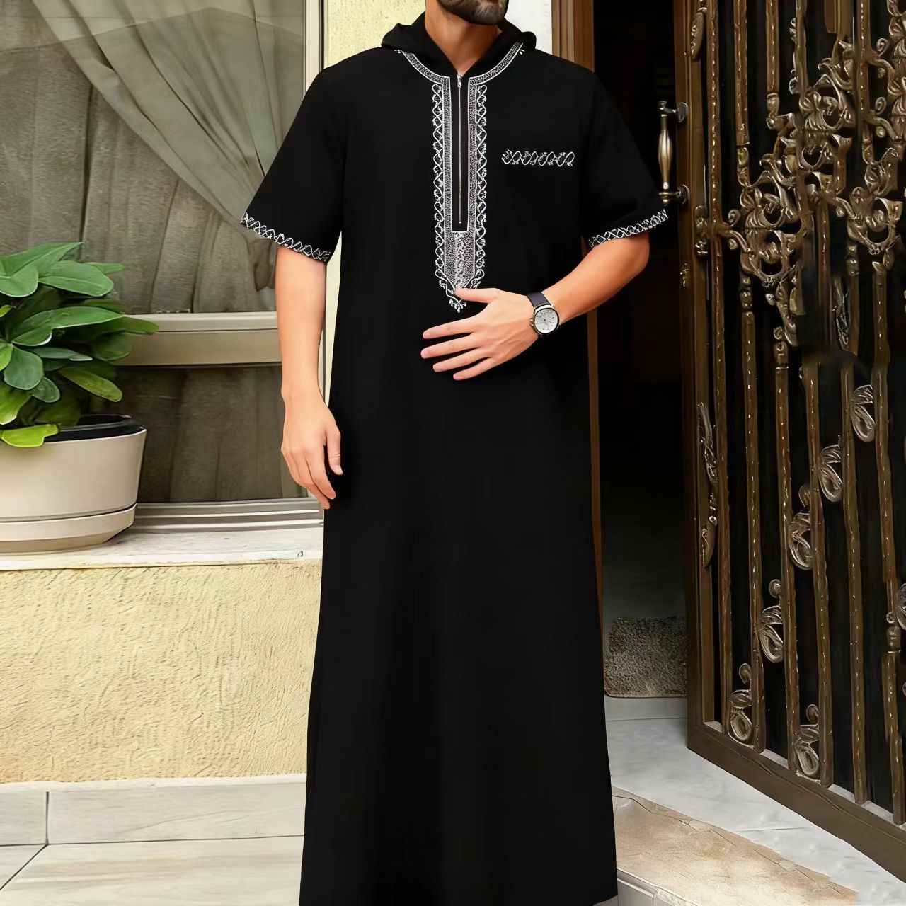 Caftan décontracté ample pour hommes musulmans, manches courtes, brodé, capuche, fermeture éclair, vêtements de Style ethnique islamique, 2025