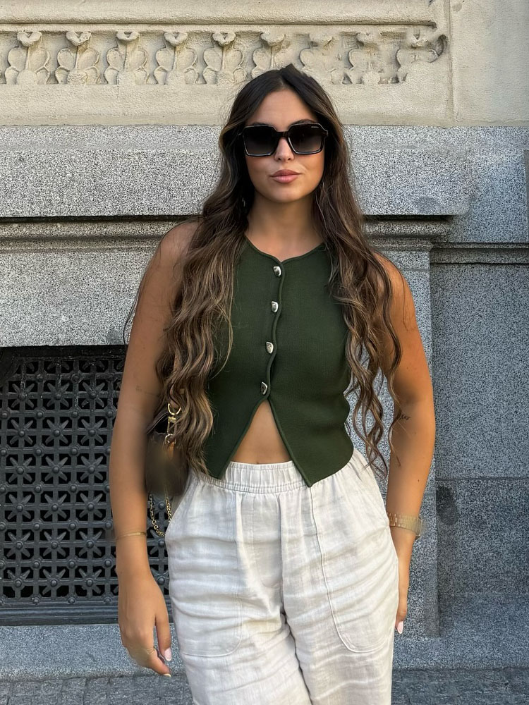 HH femmes mode d'été 2 couleurs Jersey gilet court femme nouveau élégant solide simple boutonnage polyvalent nombril-barant haut Mujer