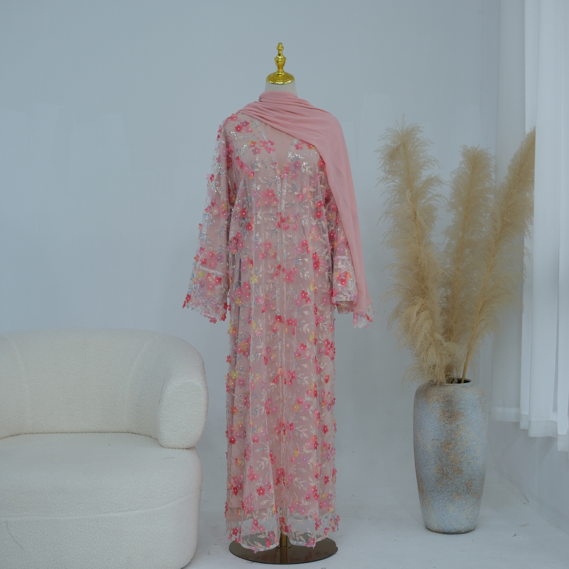 Ensemble Abaya de Luxe Brodé 3 Pièces pour Femmes Musulmanes, Style Dubaï, Cardigan Ouvert Modeste pour l'Aïd, Jalabiya Islamique pour les Fêtes 2026