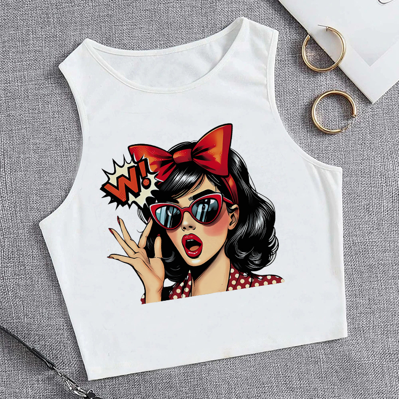 T-shirt imprimé pour femme, style années 90, débardeur court sans manches, gilet élégant, haut court, tee-shirt décontracté