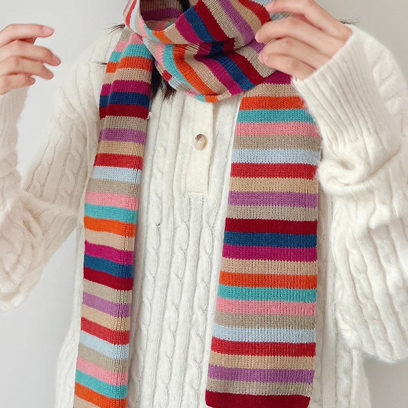 Écharpe chaude à rayures arc-en-ciel pour femmes, châle japonais doux pour femmes, tricots de mode, style coréen, automne et hiver