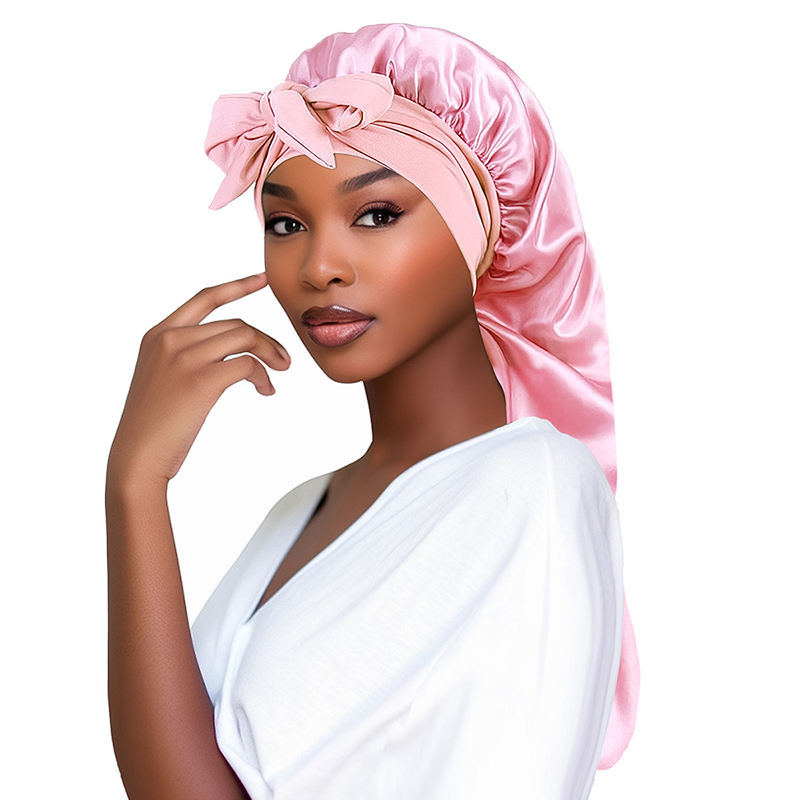 Bonnet de nuit Long en Satin pour femmes noires, couleur unie, Extra Large, avec cravate longue, Bonnet de soins capillaires pour tous les Types de cheveux