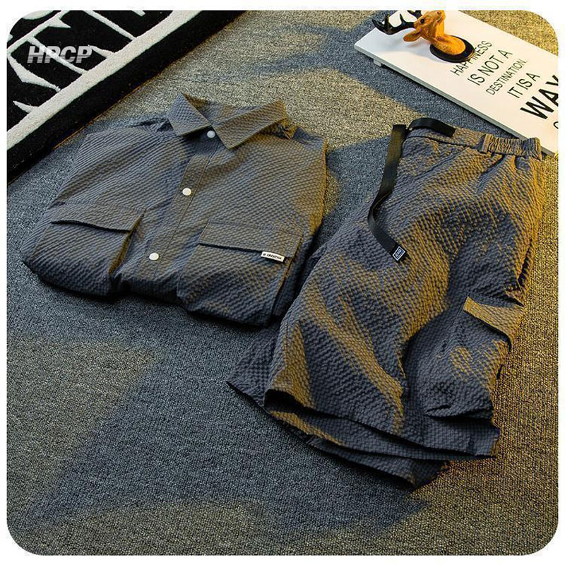 Texture Ice Silk Workwear Suits Men Short sleeve Shirt And Shorts Two-piece Set Summer Cool Quick Drying Loose Outfits Oversize