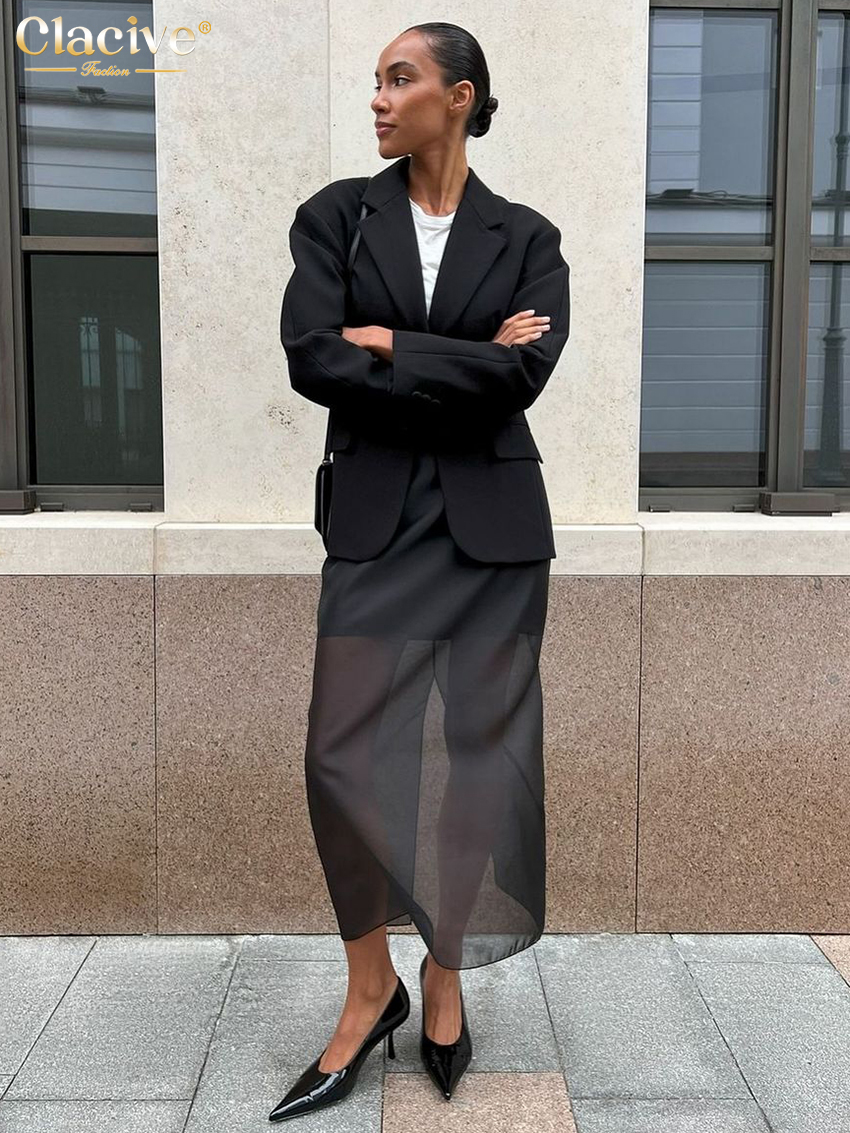 Clacive mode ample noir femmes jupe décontracté taille haute cheville longueur jupes élégant classique maille épissé jupe femme vêtements