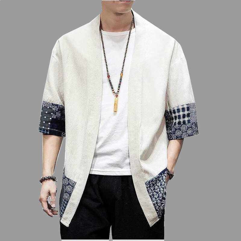 Cardigan Kimono japonais pour hommes, ample, en coton et lin, manches 3/4, ouvert sur le devant, chemise d'été décontractée