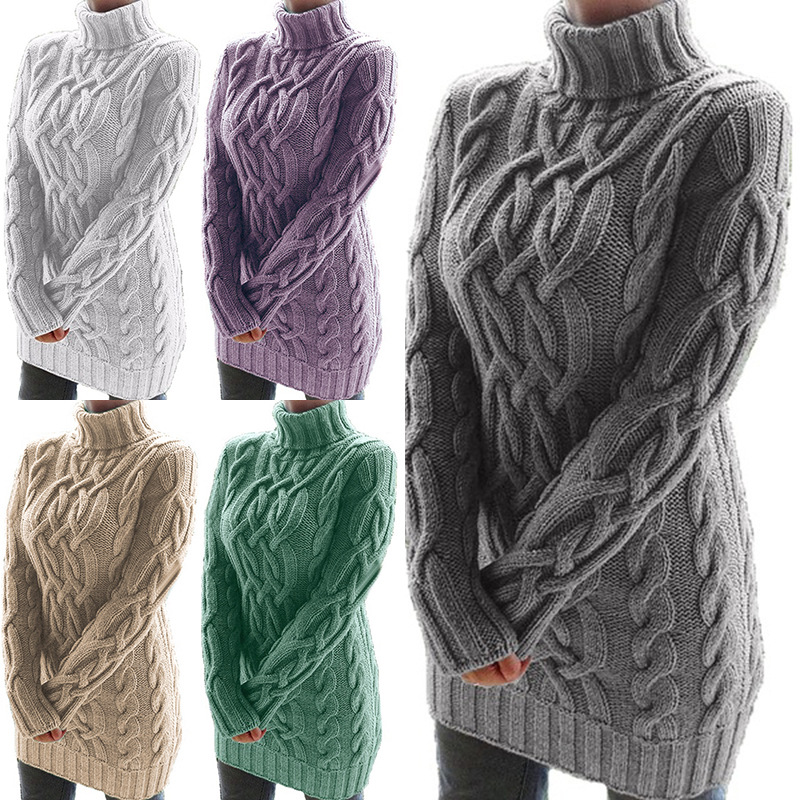 Automne hiver épaissir pull robes pour femmes col roulé à manches longues tricoté rétro chandails dames pulls pull