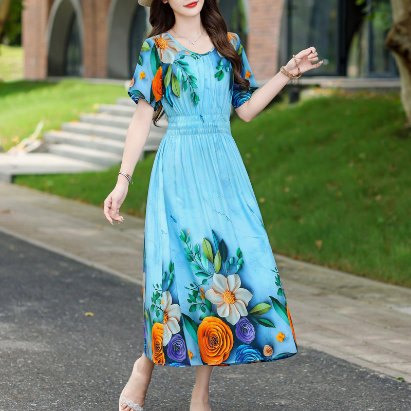 Robe d'été pour femmes, imprimé Floral, manches courtes, élégante, Vintage, col rond, vêtements pour femmes, nouvelle mode 2025