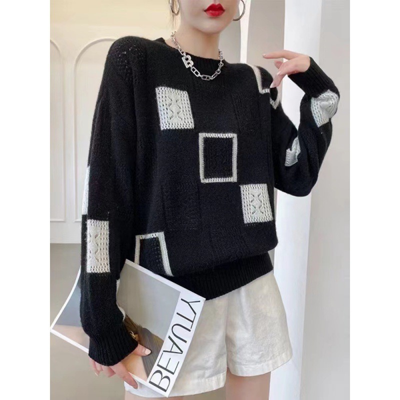 Vêtements pour femmes Vintage géométrique Patchwork tricoté pull décontracté Streetwear hauts pullover à manches longues T-Shirts sur mesure