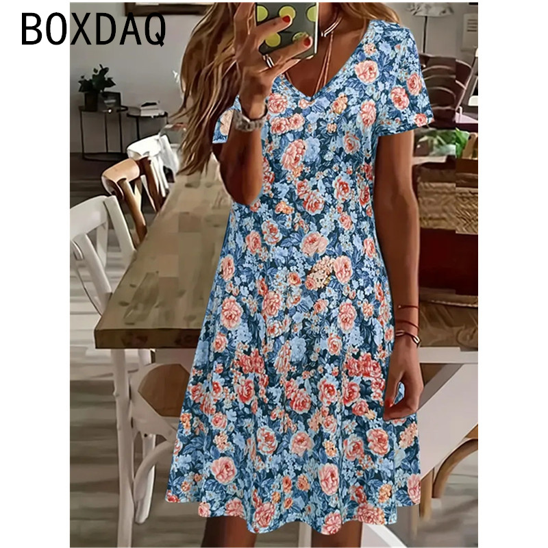 Vintage élégant imprimé fleuri a-ligne robe femmes été à manches courtes col en v plage tenue décontractée grande taille dame Simple robe de rue