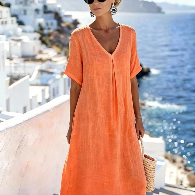 Robe vintage pour femmes, décontractée, printemps et été, jupe longue ample, manches courtes, col en v, robes unies en coton et lin pour femmes