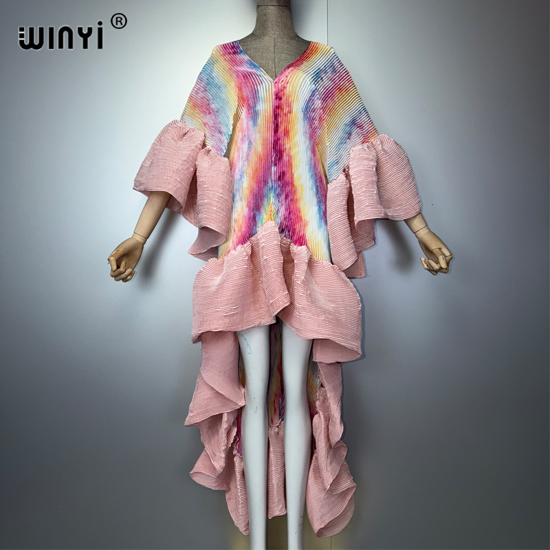 Robe Kaftan Maxi Bohème WINYI Style Moyen-Orient Élégante Plissée Cache-maillot de Plage Élastique Luxe Soirée Fête Dubaï Abaya