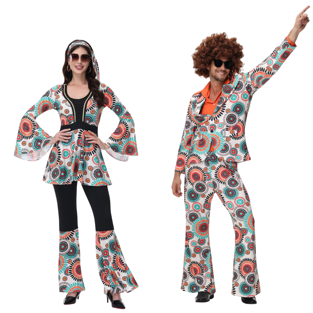 Costume hippie rétro des années 70 et 80 pour hommes et femmes, tenue de fête disco pour couples, déguisement hippie pour adultes, tenue de fête d'Halloween et de carnaval