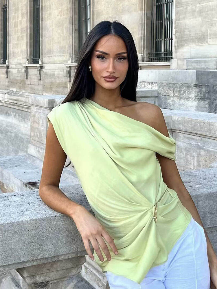 HH femmes mode d'été Sexy soie Segment Texture asymétrique haut sans manches femme élégant polyvalent or incrusté haut plissé