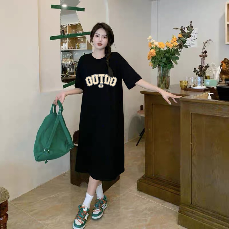 Robe ample et décontractée à manches courtes pour femmes, Version coréenne, jolie lettre imprimée, col rond, jupe mi-longue