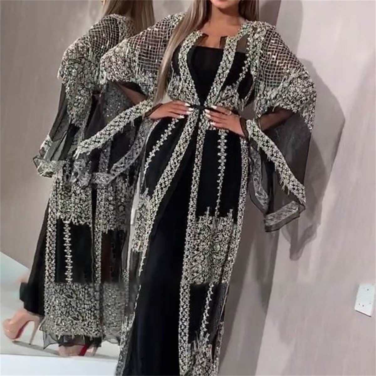 Abaya de luxe de Dubaï, ensemble deux pièces, robe longue en satin avec manches en tulle ornées de strass, ceinturée, pour invitée de mariage ou soirée, style kaftan