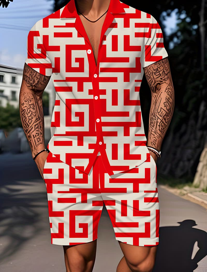Ensemble classique deux pièces pour homme avec motifs imprimés, adapté aux activités de plein air et à l'esthétique urbaine moderne.