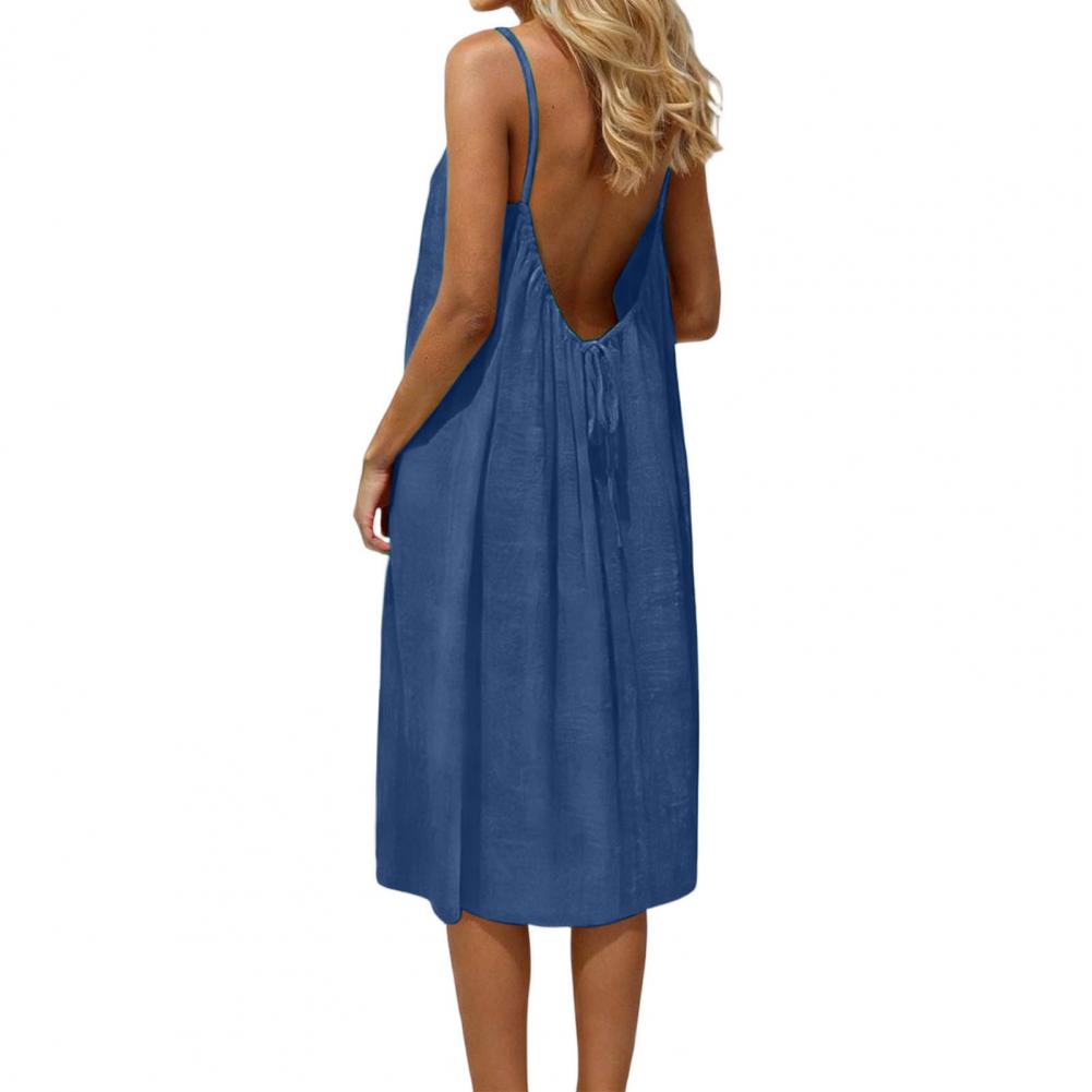 Robe décontractée sans dos pour femme, robe d'été sans manches, robe de plage à bretelles spaghetti, robe ample et fluide avec lien au dos
