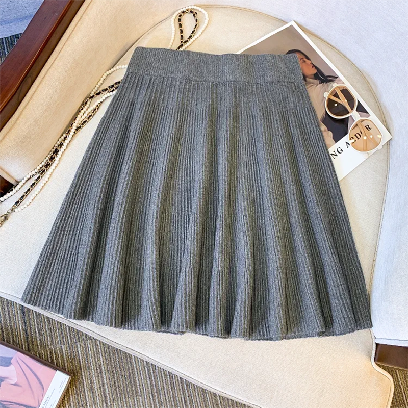 Jupes plissées en tricot pour femmes, couleur unie, décontractées, polyvalentes, basiques, coupe trapèze, automne-hiver, taille haute élastique, jupe courte