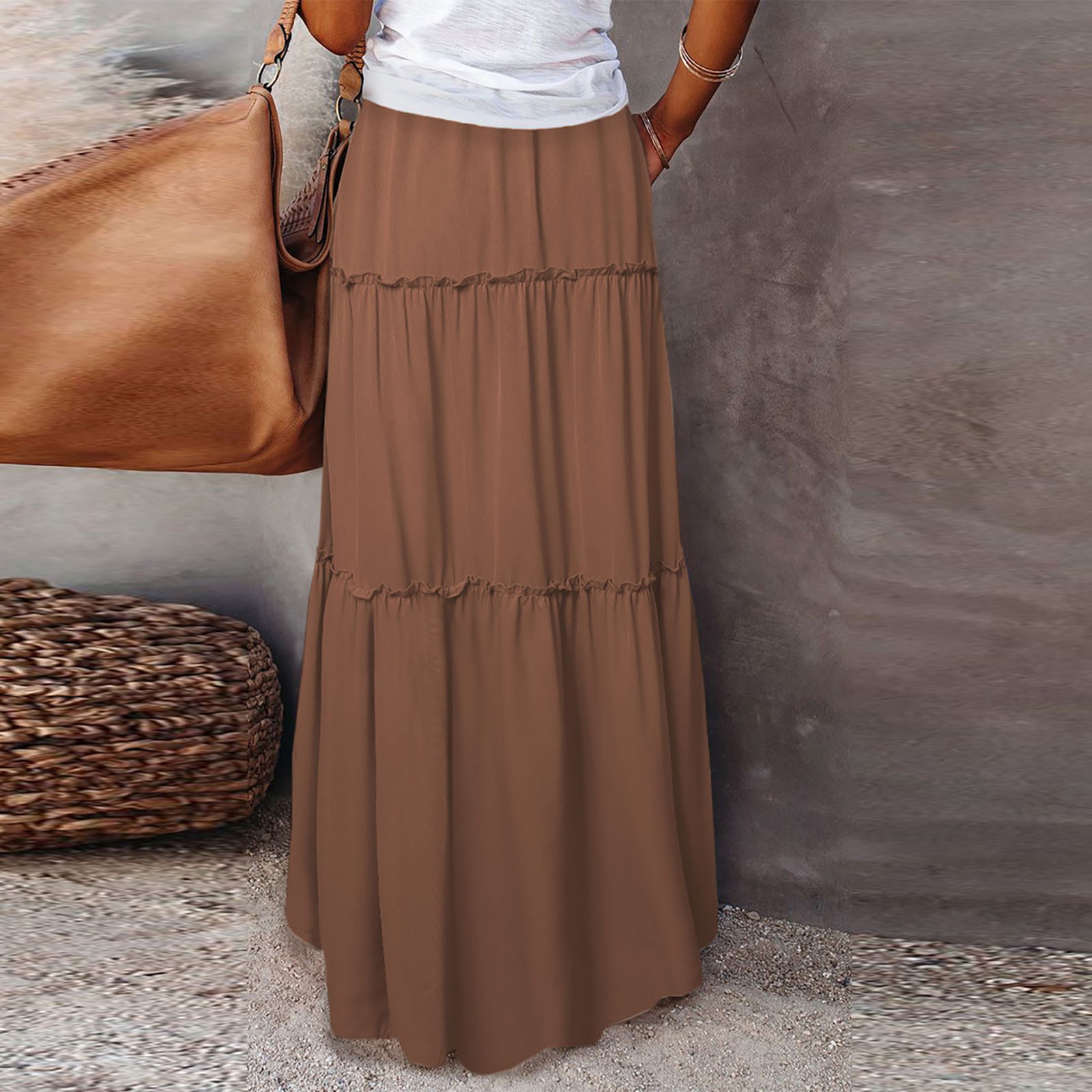 Jupe longue pour femme, couleur unie, taille élastique, coupe ample, décontractée, taille haute, polyvalente, style robe mi-longue