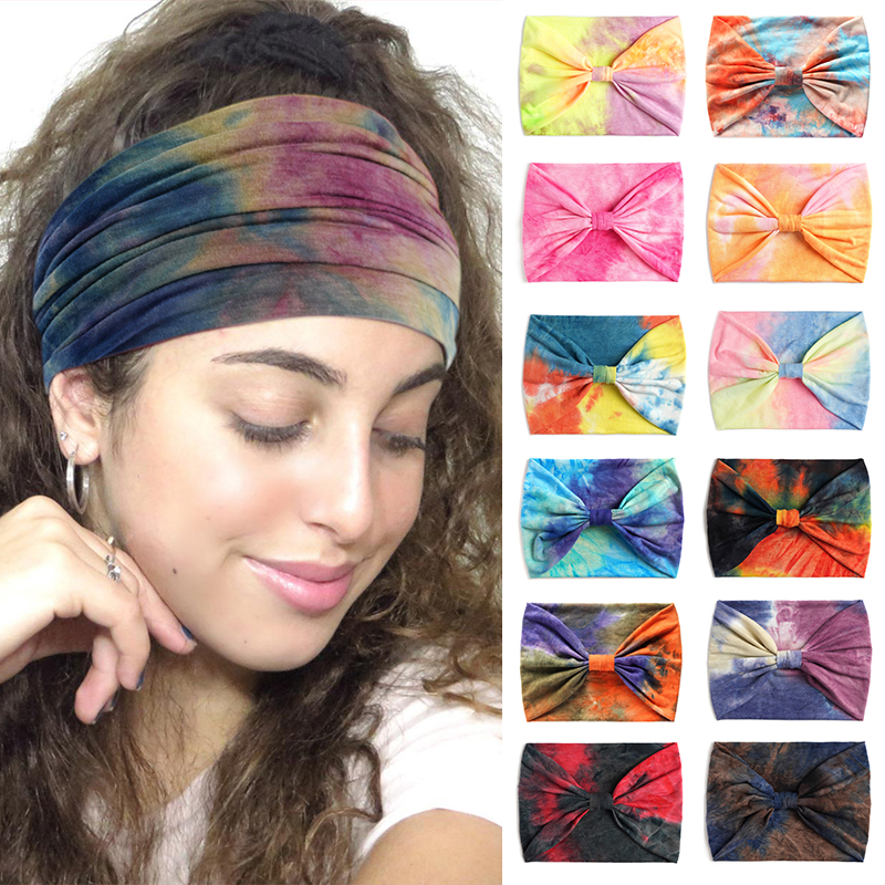 Tie-dye Boho noeud Turbans Yoga élastique tête enveloppement femmes bandeau large bandeaux chapeaux Bandanas mode bandeau accessoires