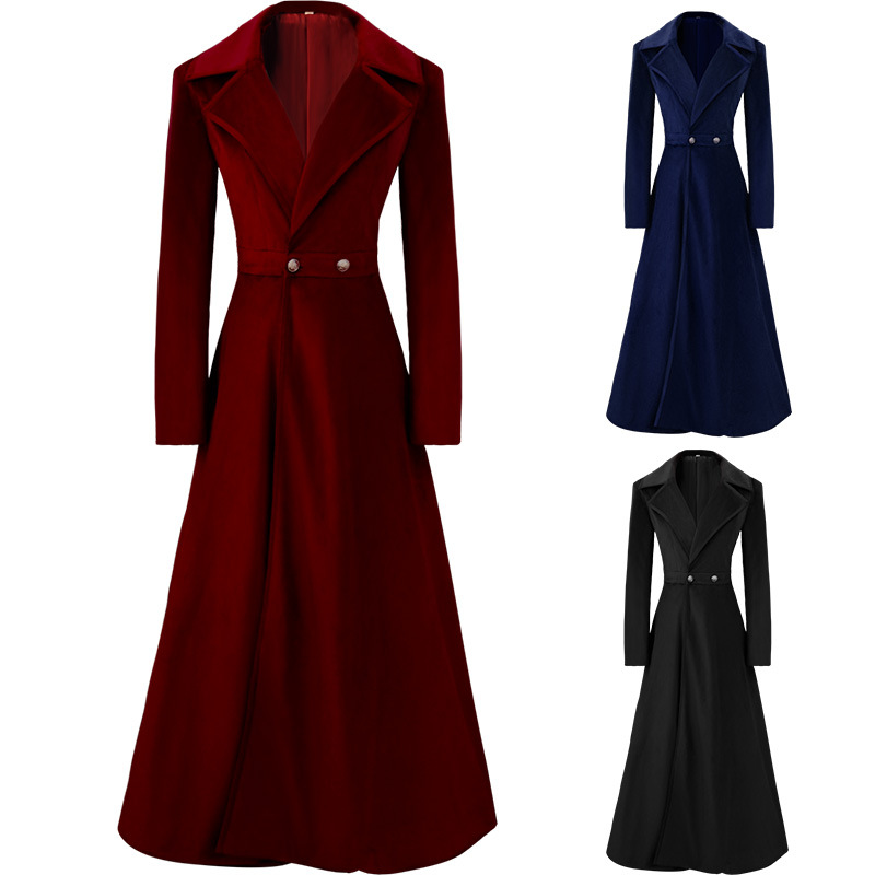 Trench-Coat élégant à revers cranté pour femme du 19ème siècle, veste longue en velours, longueur Maxi, gothique victorien, coupe cintrée