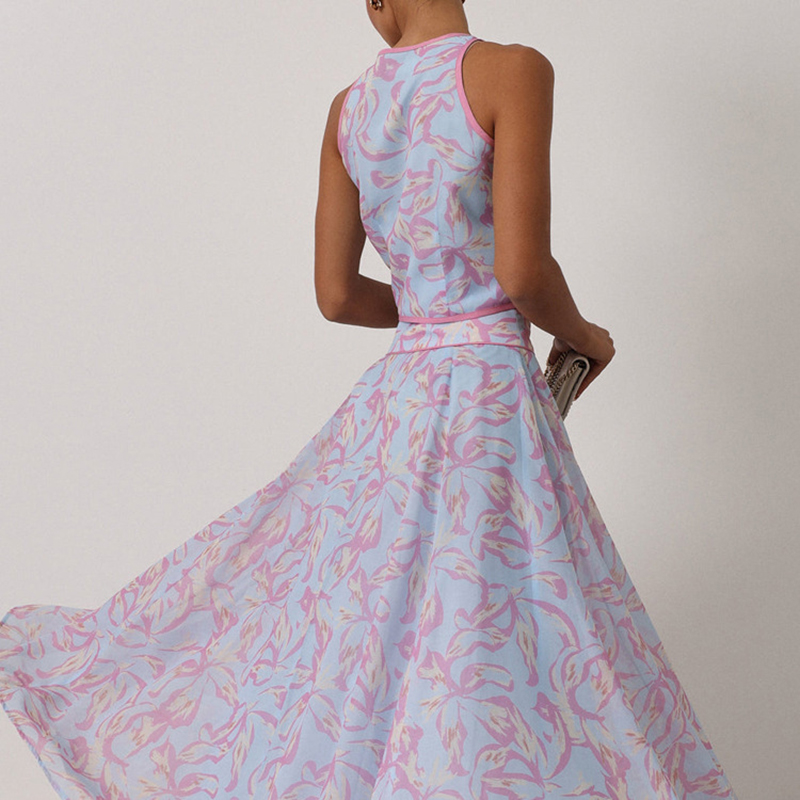 Nouvel ensemble bohème d'été sans manches, imprimé tendance, élégant pour les fêtes, ensemble pour femmes, haut à col rond boutonné et jupe longue