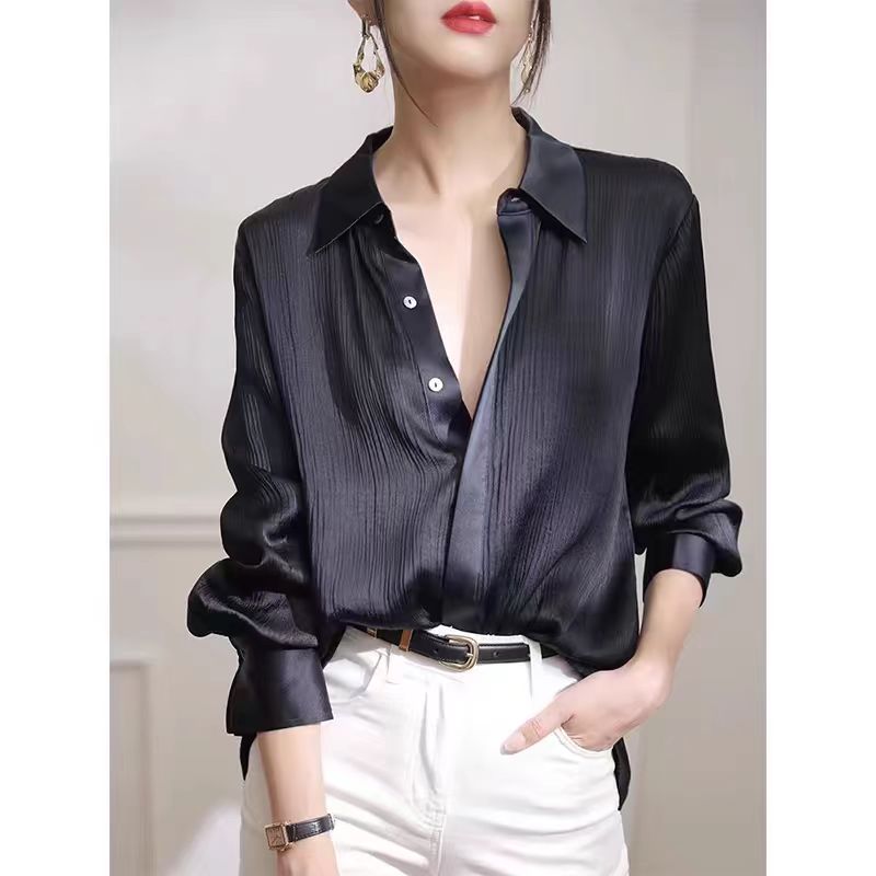 Chemises pour femmes printemps nouveau noir Satin Texture ample à manches longues Blouse élégante bureau dame vêtements de travail mode femme vêtements