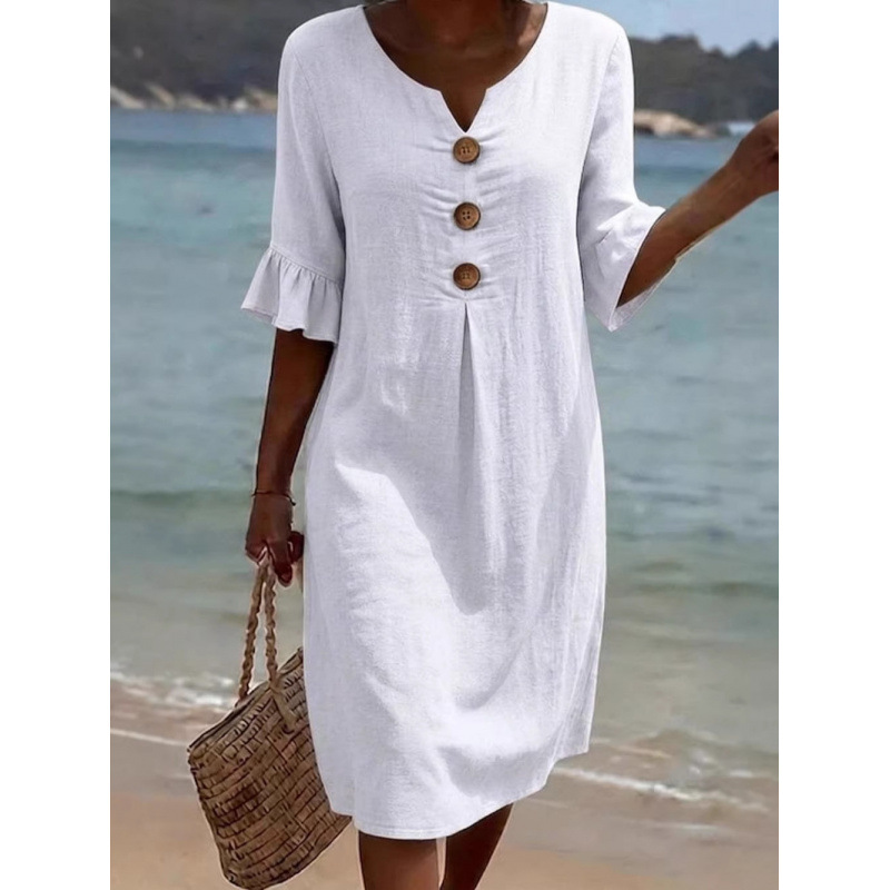 Robe en coton et lin à col en v pour femmes, nouveau style printemps-été, jupe mi-longue boutonnée sans manches, confortable, décontractée, à la mode