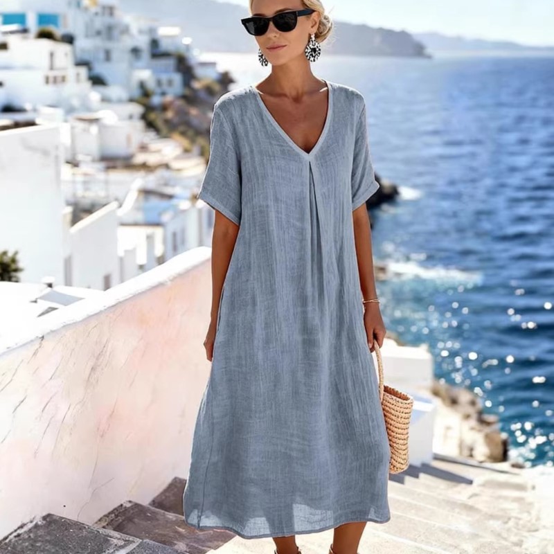 Robe vintage pour femmes, décontractée, printemps et été, jupe longue ample, manches courtes, col en v, robes unies en coton et lin pour femmes