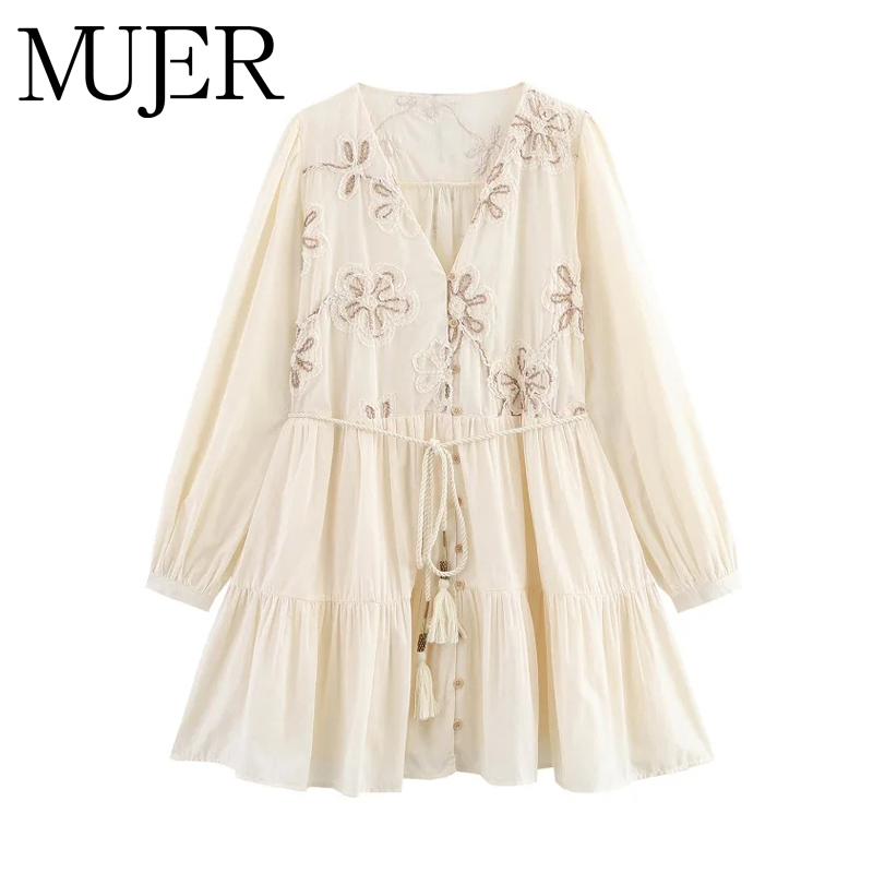 MUJER fleur brodé Mini robe femmes gland plissé robes courtes pour femme été plage femmes robe Boho robe femme