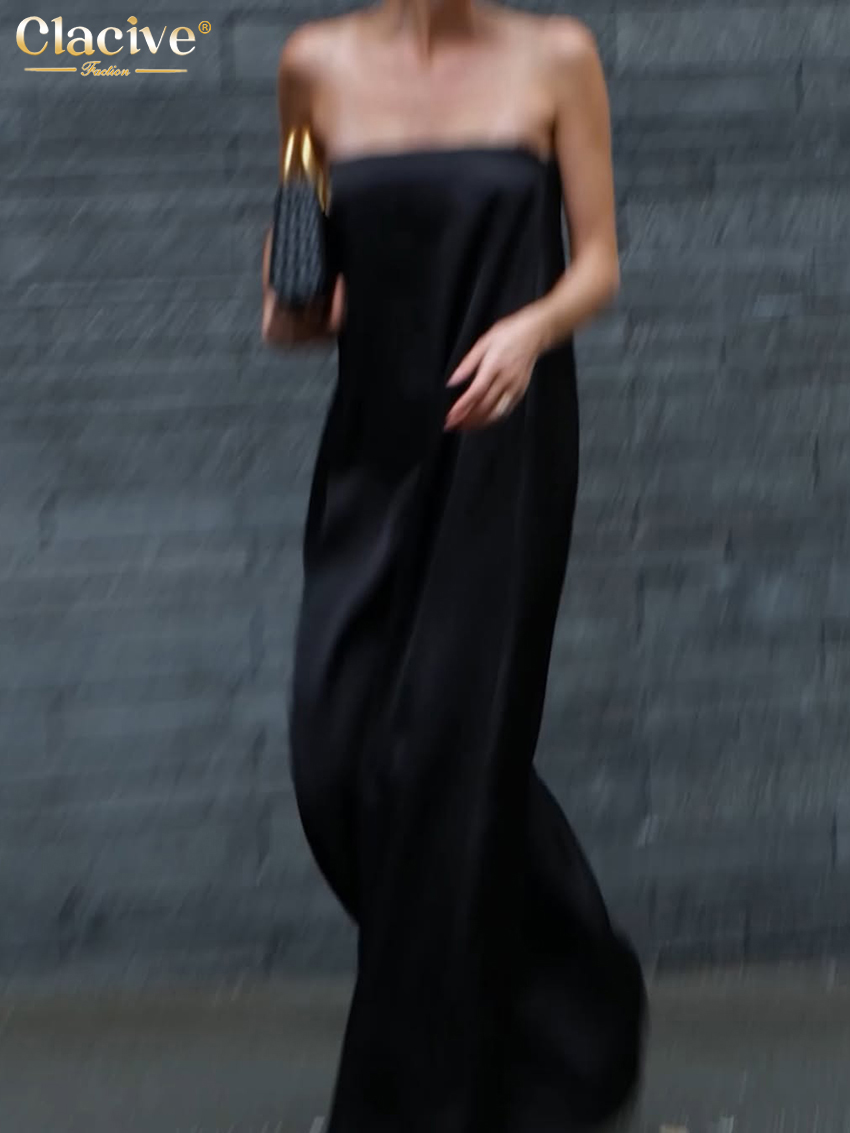 Clacive été ample noir femmes robe 2025 mode sans bretelles sans manches Maxi robes Sexy classique solide robe femme vêtements