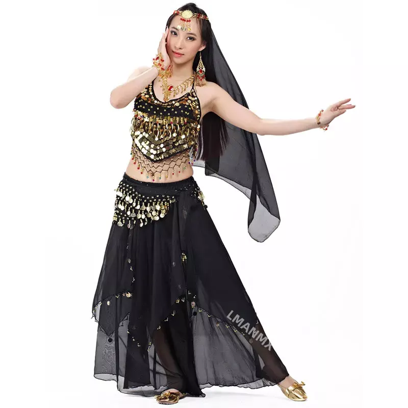 Ensemble de costumes indiens 4 pièces voile de danse du ventre pièces supérieures écharpe de hanche jupe Costume de danse du ventre femmes